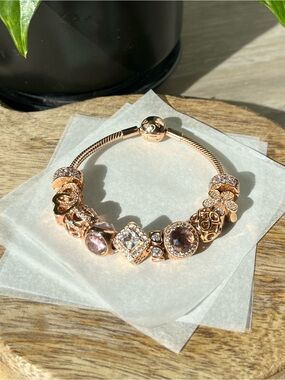 Pandora Full Rose Gold Styled Bracelet & Charms
